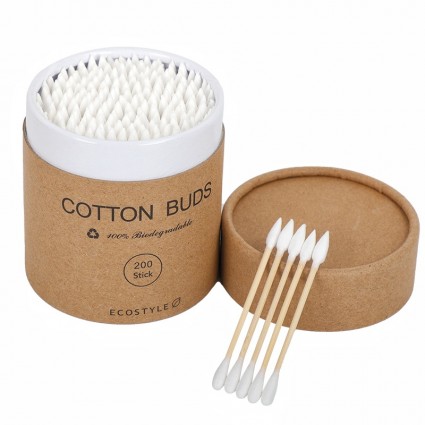 Ватні бамбукові палички Cotton Buds, 200 шт картонна кругла упаковка - білі