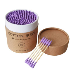 Cotton Buds Bamboo Cotton Swabs, 200 pcs Cardboard Round Packaging - Purple