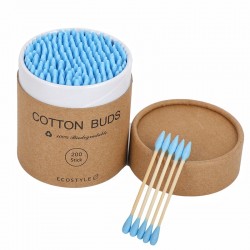 Ватные палочки бамбуковые Cotton Buds, 200 шт картонная круглая упаковка - голубые