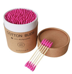 Cotton Buds Bamboo Cotton Swabs, 200 pcs. Cardboard Round Packaging - Raspberry