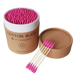 Ватные палочки бамбуковые Cotton Buds, 200 шт картонная круглая упаковка - малиновые