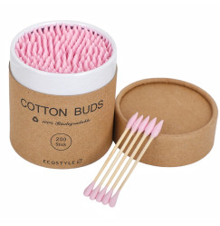 Cotton Buds Bamboo Cotton Swabs, 200 pcs Cardboard Round Packaging - Pink
