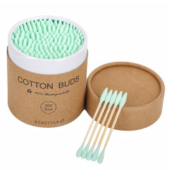 Cotton Buds Bamboo Cotton Swabs, 200 pcs cardboard round packaging - green