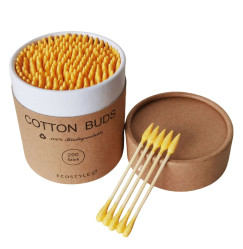 Cotton Buds Bamboo Cotton Swabs, 200 pcs. Cardboard Round Packaging - Yellow