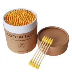 Ватні бамбукові палички Cotton Buds, 200 шт картонна кругла упаковка - жовті