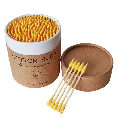 Ватні бамбукові палички Cotton Buds, 200 шт картонна кругла упаковка - жовті