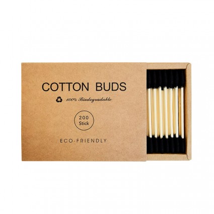 Ватные палочки бамбуковые Cotton Buds, 200 шт картонная квадратная упаковка - черные