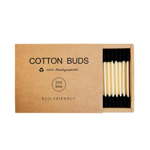 Ватні бамбукові палички Cotton Buds, 200 шт картонна квадратна упаковка - чорні