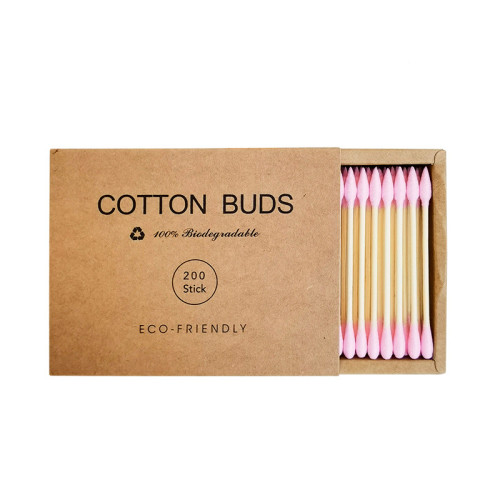 Ватні палички бамбукові Cotton Buds, 200 шт картонна квадратна упаковка - рожеві