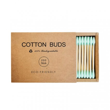 Ватные палочки бамбуковые Cotton Buds, 200 шт картонная квадратная упаковка - зеленые
