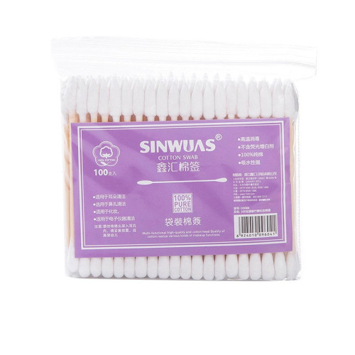 Sinwuas bamboo cotton swabs, 100 pcs per bag / white double-sided (sharp + classic)